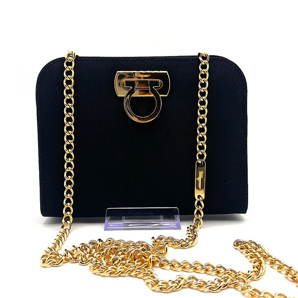 Authentic Salvatore Ferragamo Black Nylon Gold Chain 3 Way Clutch Crossbody Bag - Picture 1 of 9